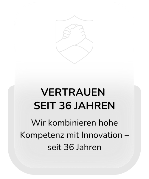 Warum-wir-Karte für Vertrauen, die 36 Jahre Erfahrung und Innovationen hervorhebt.