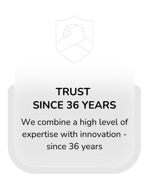 Why-Choose-Us card for Trust, highlighting 36 years of expertise and innovations.